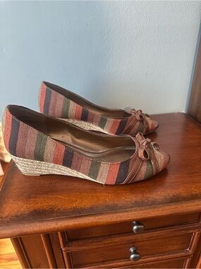 Kelly & Katie Striped Peep-Toe Wedge Sandals in Brown and Multicolor